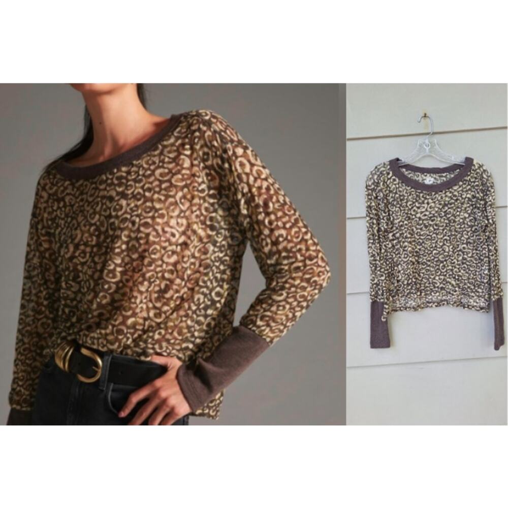 Anthropologie PILCRO Boxy Heritage Cheetah Semi Sheer Long Sleeves Top  Size S